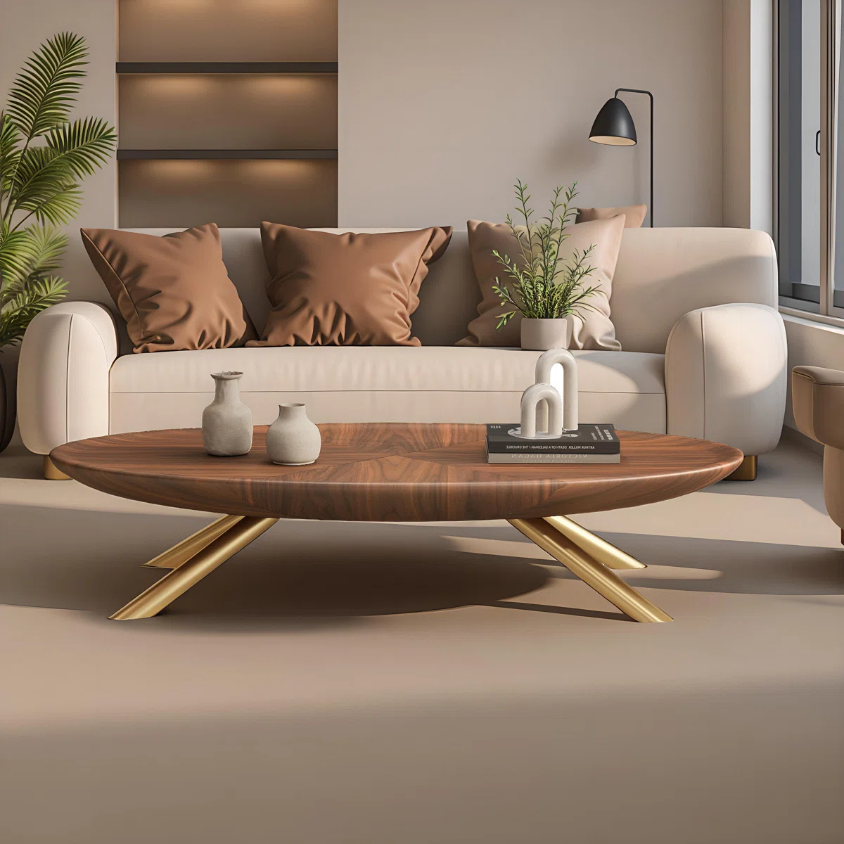 Liora Retro Oval Coffee Table with wood-grain finish and gold stainless-steel legs, 60 cm tall, styled in a modern living room