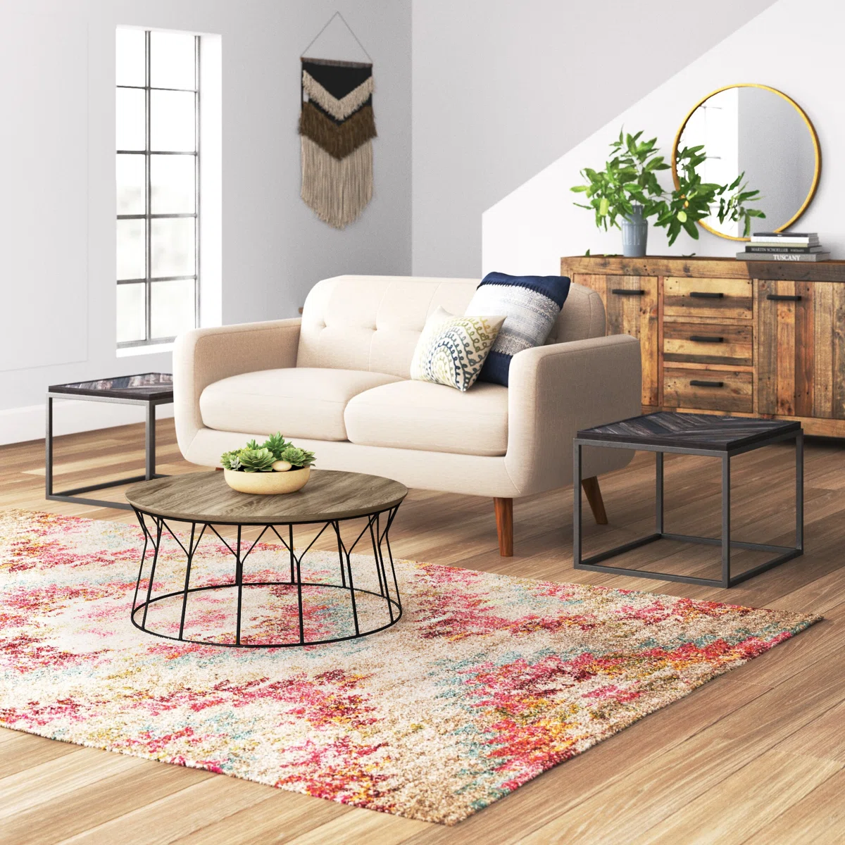 "Round coffee table with ash veneer top and black iron Y-pattern base, 90 cm diameter, modern minimalist design."