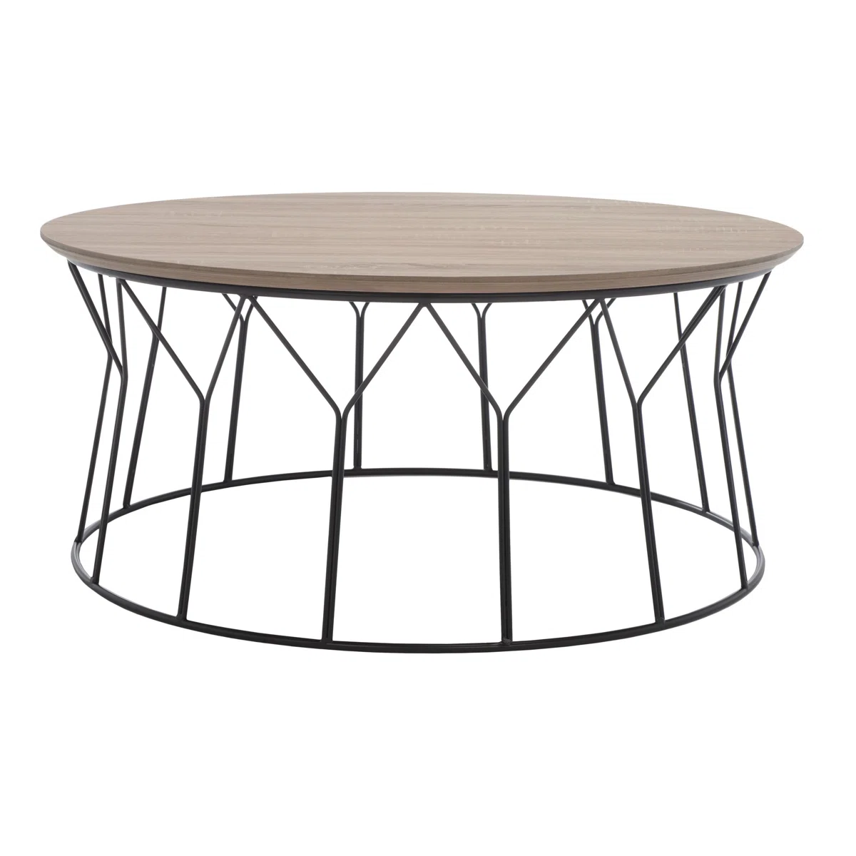"Round coffee table with ash veneer top and black iron Y-pattern base, 90 cm diameter, modern minimalist design."