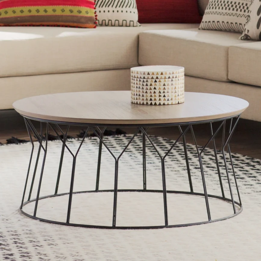 "Round coffee table with ash veneer top and black iron Y-pattern base, 90 cm diameter, modern minimalist design."