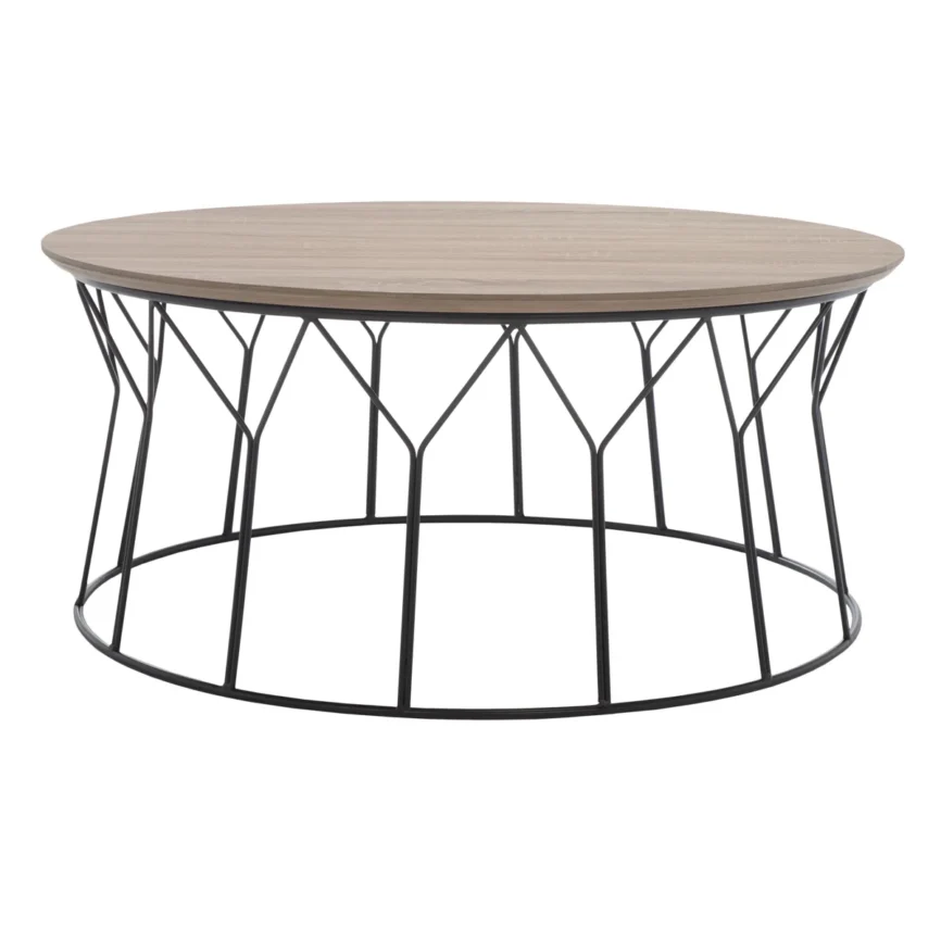 "Round coffee table with ash veneer top and black iron Y-pattern base, 90 cm diameter, modern minimalist design."