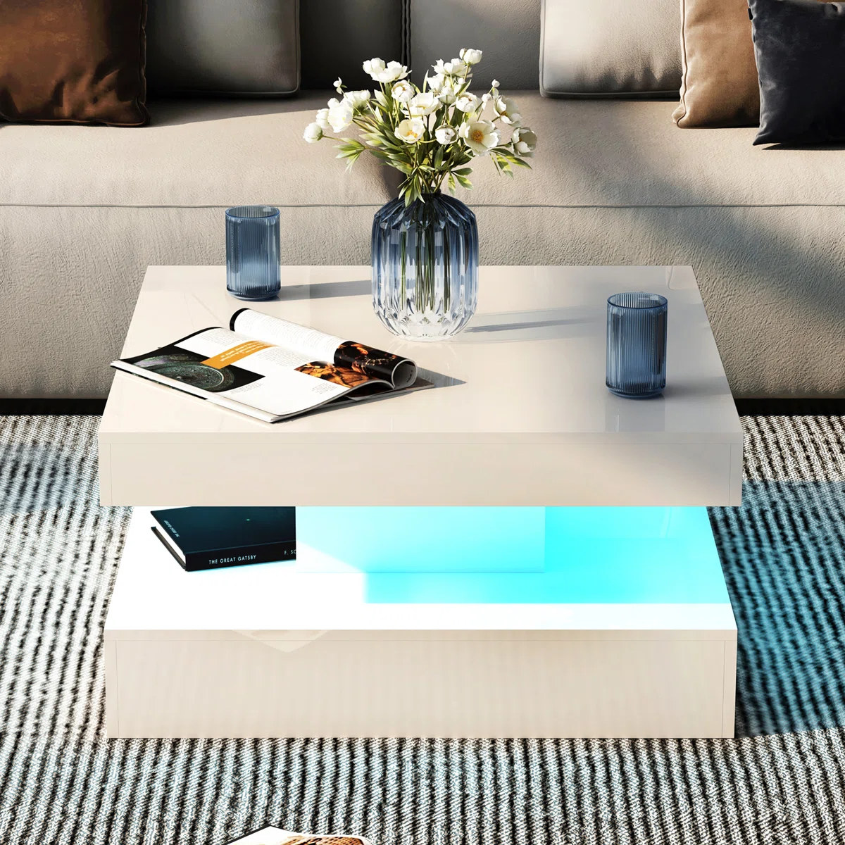 Lumina LED Storage Coffee Table in glossy white finish, square design with adjustable LED lights and hidden storage, 40 cm tall.