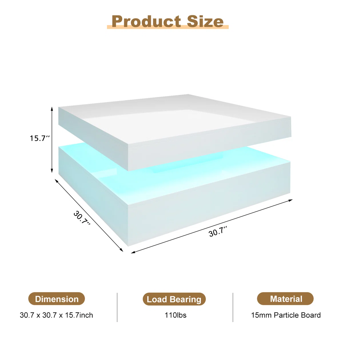 Lumina LED Storage Coffee Table in glossy white finish, square design with adjustable LED lights and hidden storage, 40 cm tall.