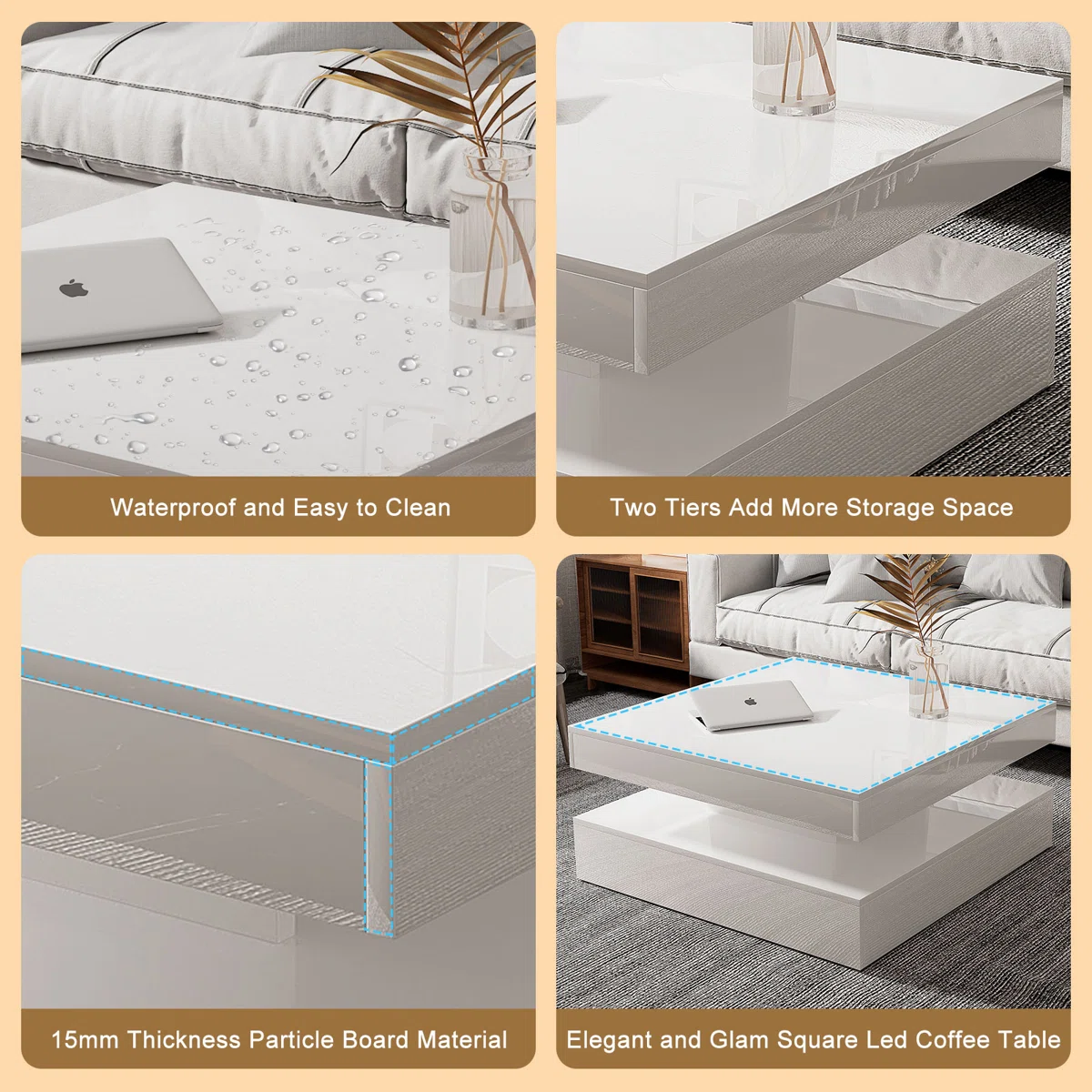 Lumina LED Storage Coffee Table in glossy white finish, square design with adjustable LED lights and hidden storage, 40 cm tall.