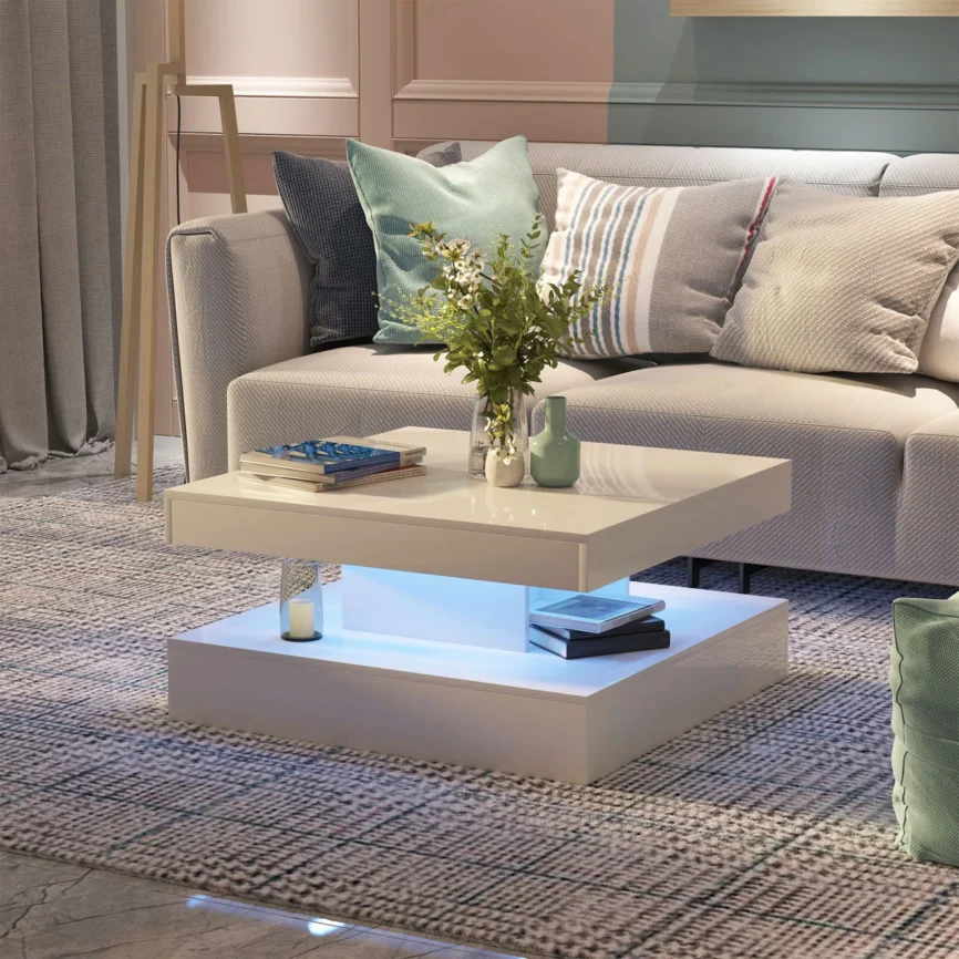 Lumina LED Storage Coffee Table in glossy white finish, square design with adjustable LED lights and hidden storage, 40 cm tall.