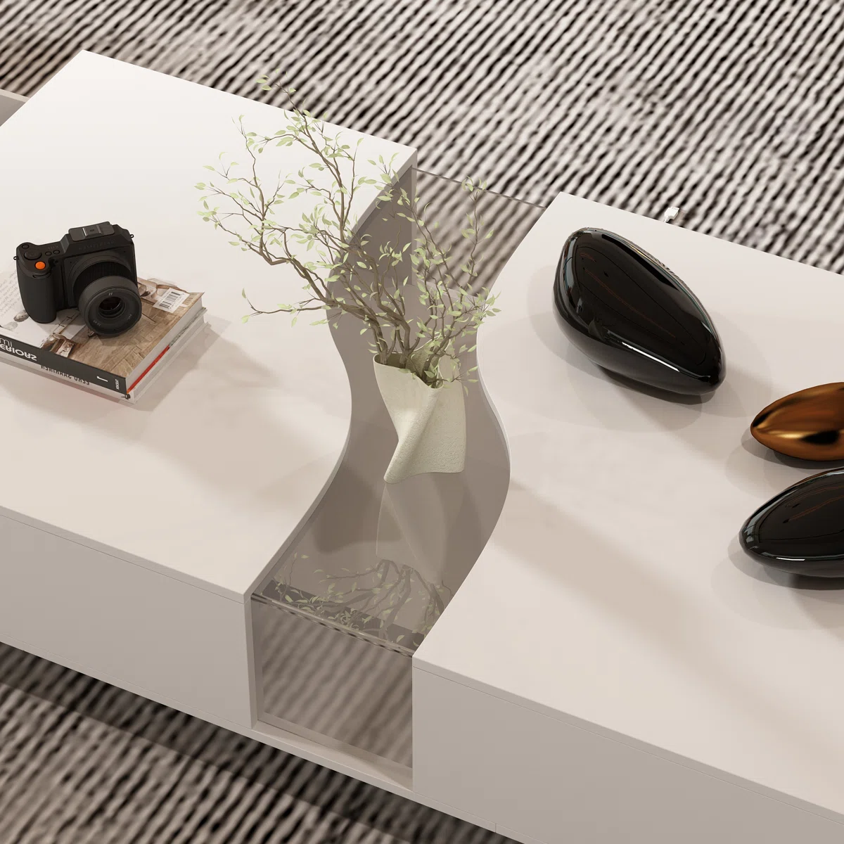 White minimalist coffee table with tempered glass top, ambient LED lighting base, open shelves, and drawers — modern living room furniture.