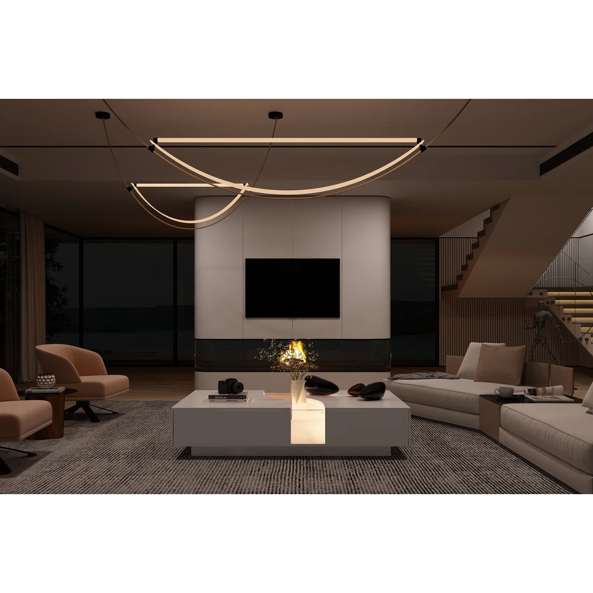 White minimalist coffee table with tempered glass top, ambient LED lighting base, open shelves, and drawers — modern living room furniture.