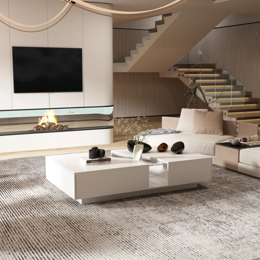 White minimalist coffee table with tempered glass top, ambient LED lighting base, open shelves, and drawers — modern living room furniture.