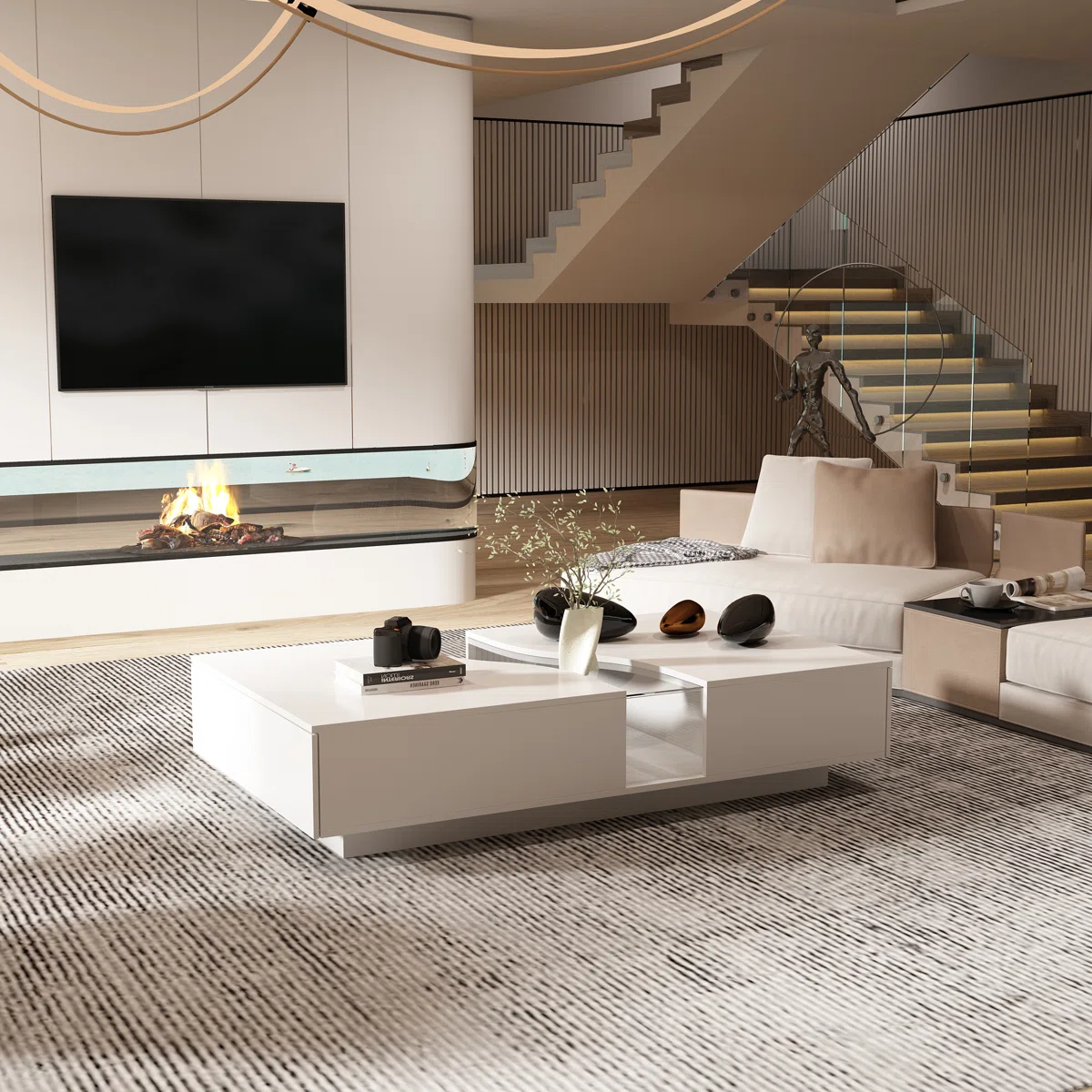 White minimalist coffee table with tempered glass top, ambient LED lighting base, open shelves, and drawers — modern living room furniture.