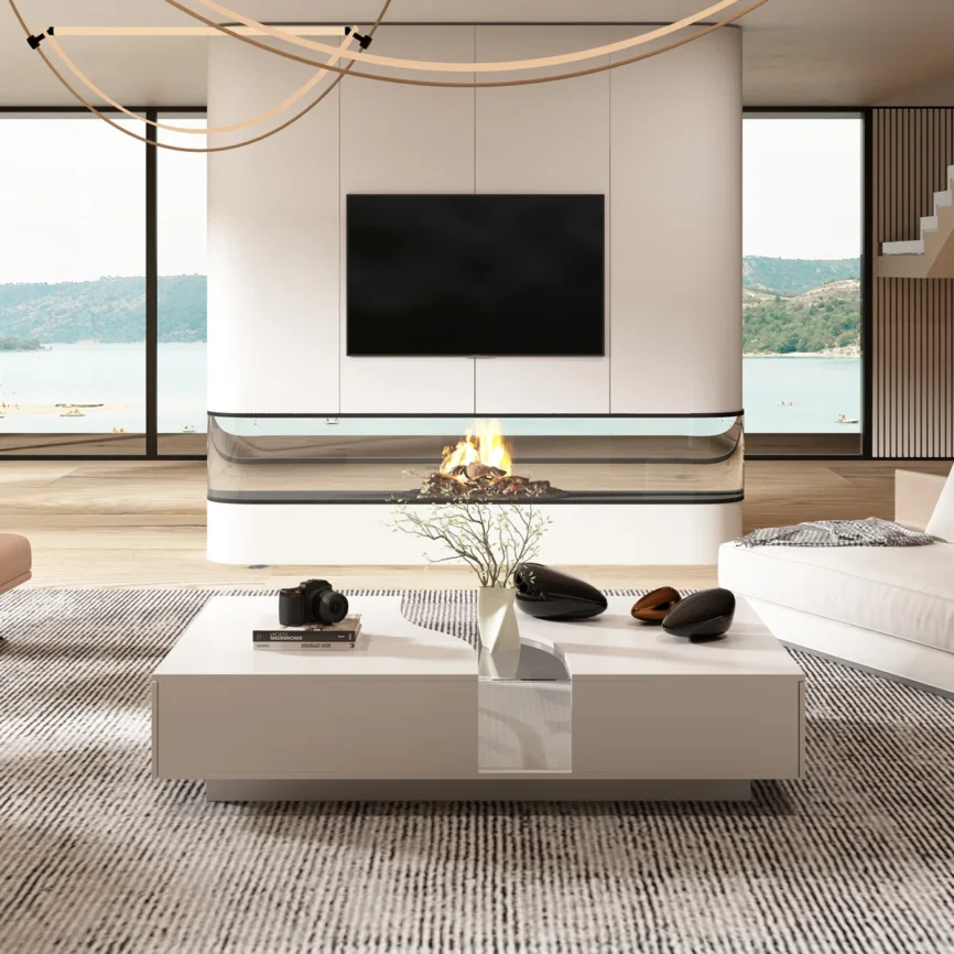 White minimalist coffee table with tempered glass top, ambient LED lighting base, open shelves, and drawers — modern living room furniture.