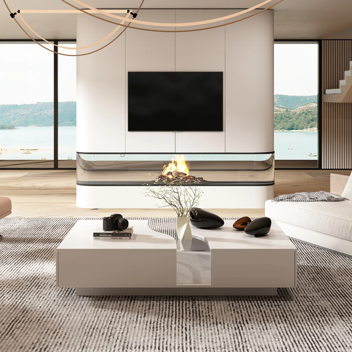 White minimalist coffee table with tempered glass top, ambient LED lighting base, open shelves, and drawers — modern living room furniture.