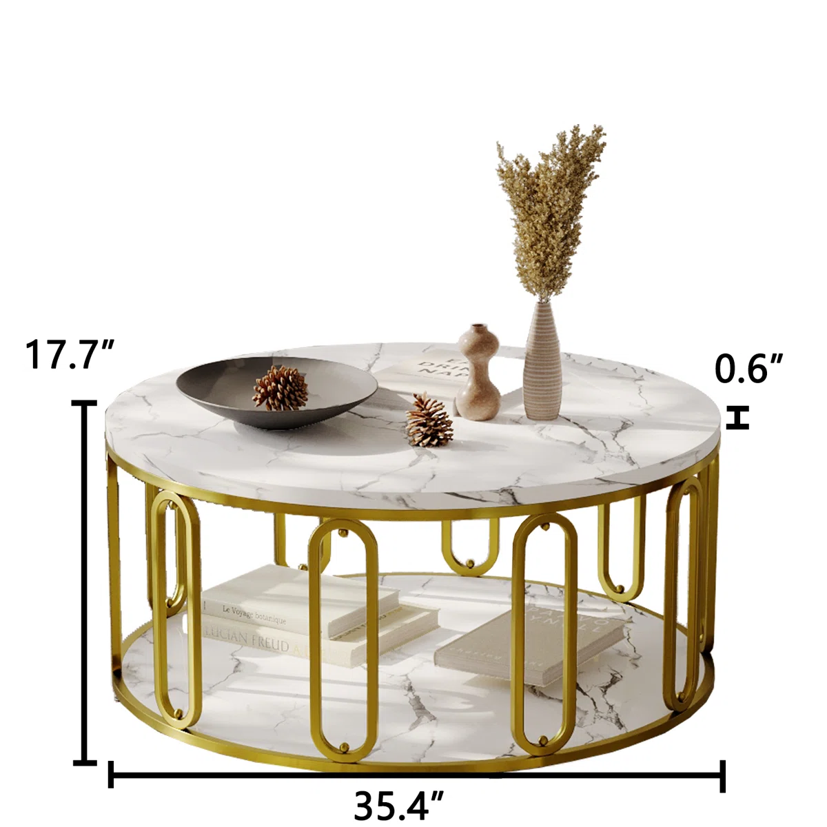 Modern round coffee table with glossy MDF top, O-shaped metal legs, and open storage shelf, styled in a contemporary living room.