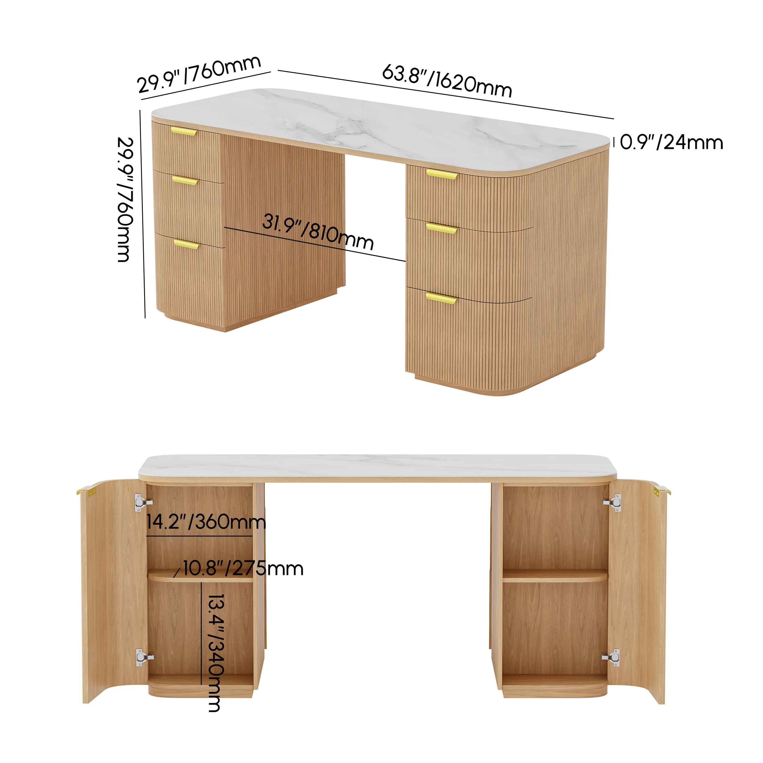 Modern rectangular executive desk with white sintered stone top, fluted ash wood base, six drawers, and dual-sided storage cabinets.