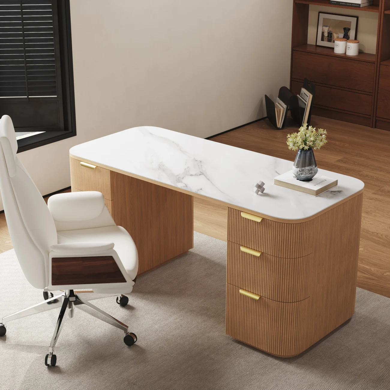 Modern rectangular executive desk with white sintered stone top, fluted ash wood base, six drawers, and dual-sided storage cabinets.
