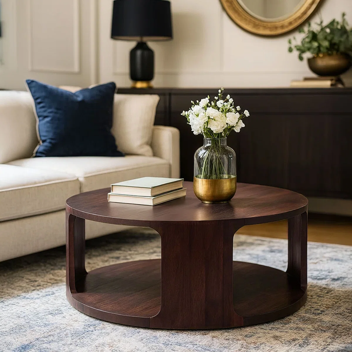 Lyric Round Coffee Table in walnut brown mango wood, 96.5 cm round top with sculptural frame and open lower shelf.