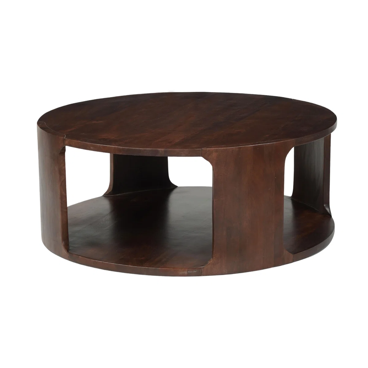 Lyric Round Coffee Table in walnut brown mango wood, 96.5 cm round top with sculptural frame and open lower shelf.