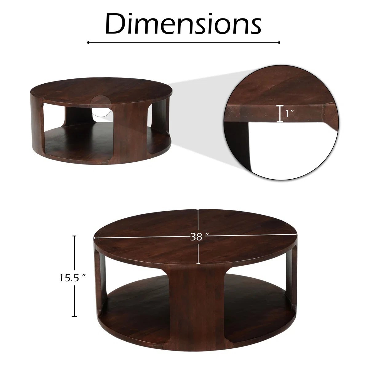 Lyric Round Coffee Table in walnut brown mango wood, 96.5 cm round top with sculptural frame and open lower shelf.