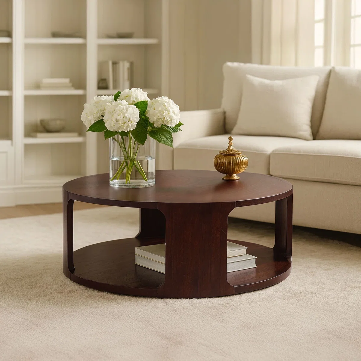 Lyric Round Coffee Table in walnut brown mango wood, 96.5 cm round top with sculptural frame and open lower shelf.