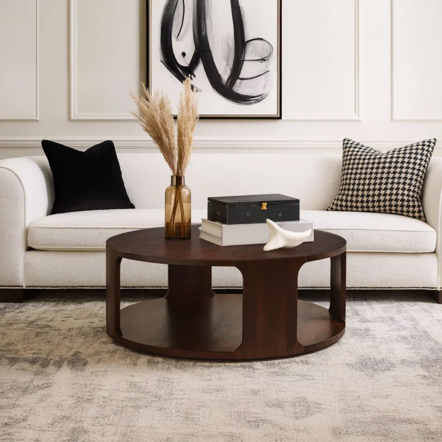 Lyric Round Coffee Table in walnut brown mango wood, 96.5 cm round top with sculptural frame and open lower shelf.