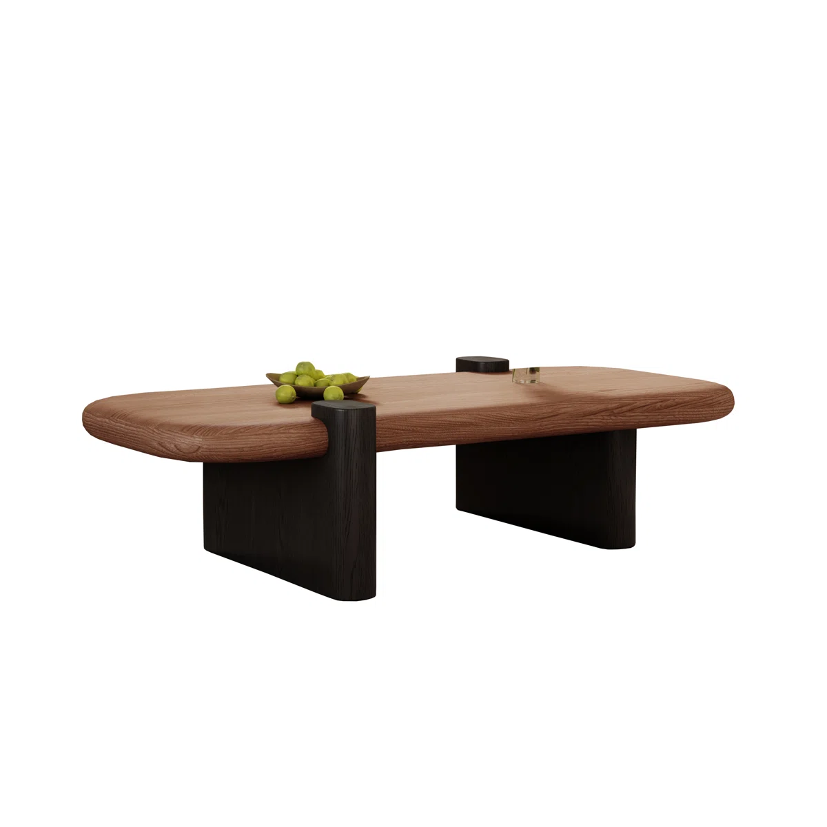 Rectangular walnut coffee table with rounded corners, natural wood grain top, and black sled base, styled as a farmhouse‑inspired living room centerpiece.