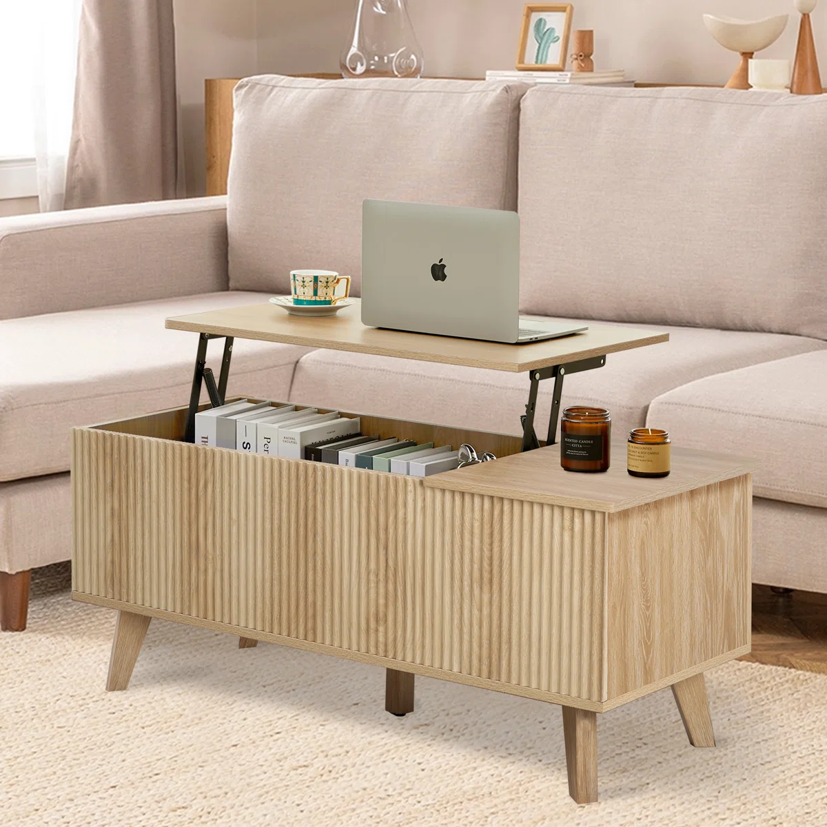 Transform your living room with the Maris Wave Lift-Top Coffee Table. Featuring a fluid wave-patterned surface, hidden storage, and a smooth lift-top design, this mid-century modern piece blends elegance with everyday functionality—perfect for dining, working, or keeping essentials neatly tucked away.
