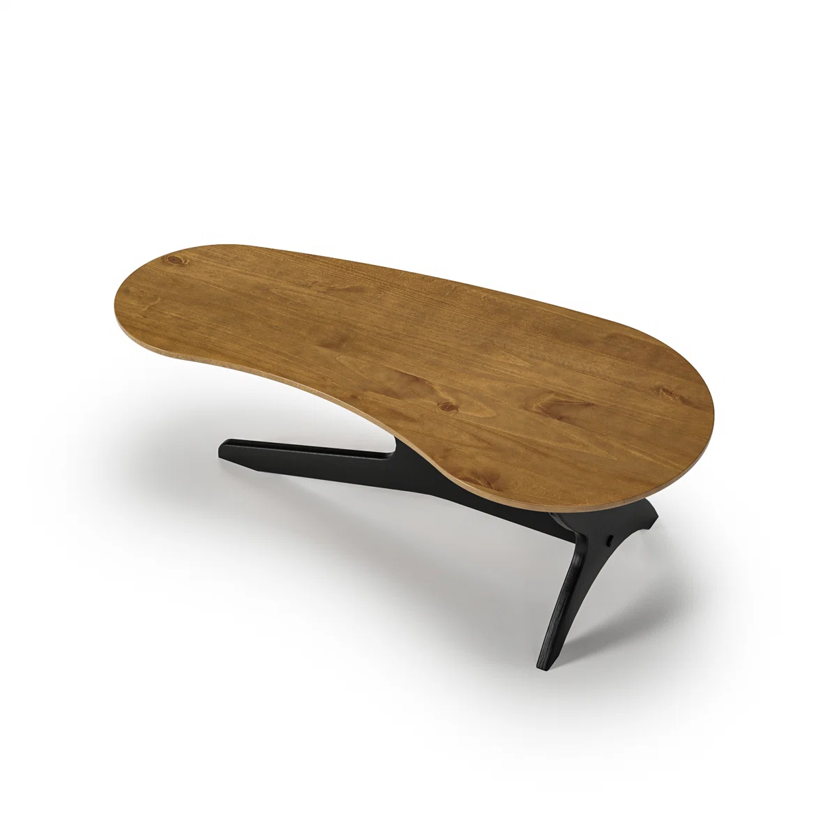 Abstract freeform solid wood coffee table with sculptural base, natural pine grain, and mid‑century modern design, styled as a living room centerpiece.
