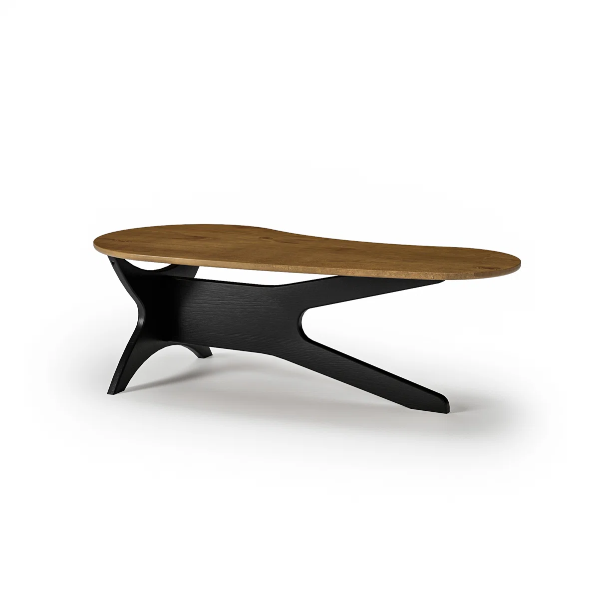 Abstract freeform solid wood coffee table with sculptural base, natural pine grain, and mid‑century modern design, styled as a living room centerpiece.