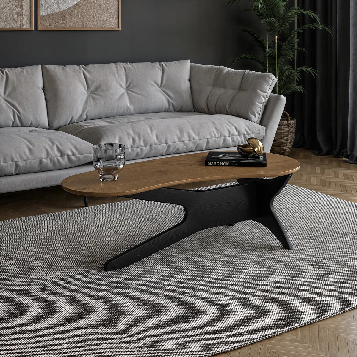 Abstract freeform solid wood coffee table with sculptural base, natural pine grain, and mid‑century modern design, styled as a living room centerpiece.