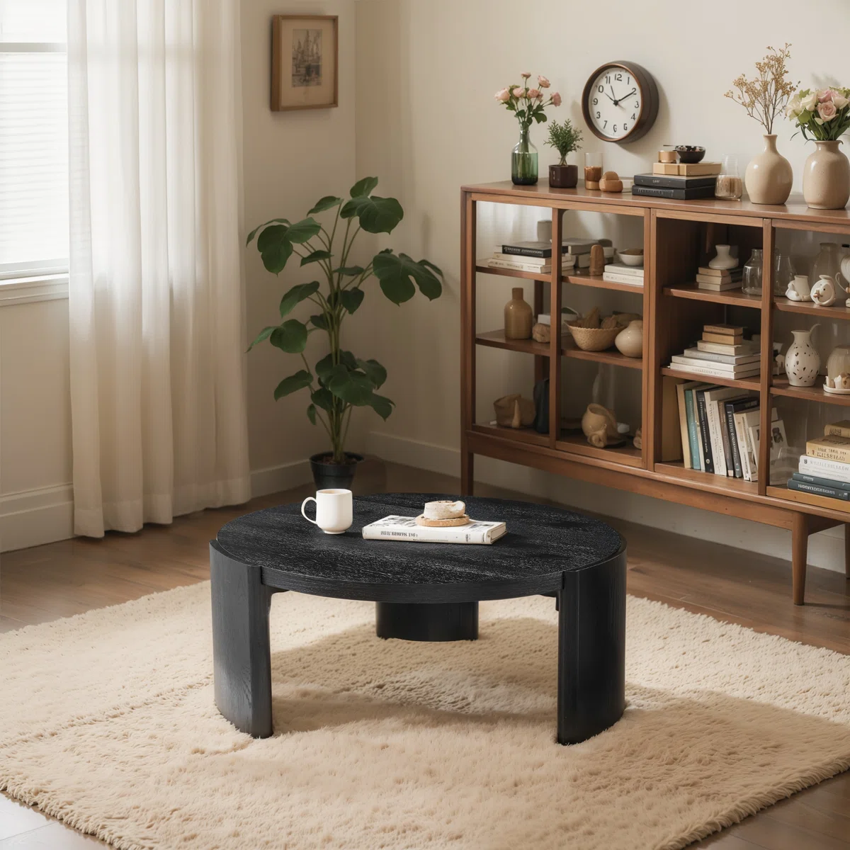 round black coffee table with solid wood base