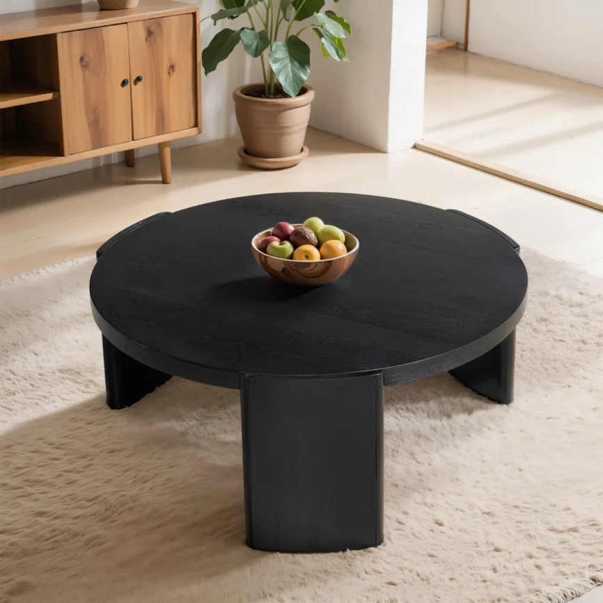 round black coffee table with solid wood base