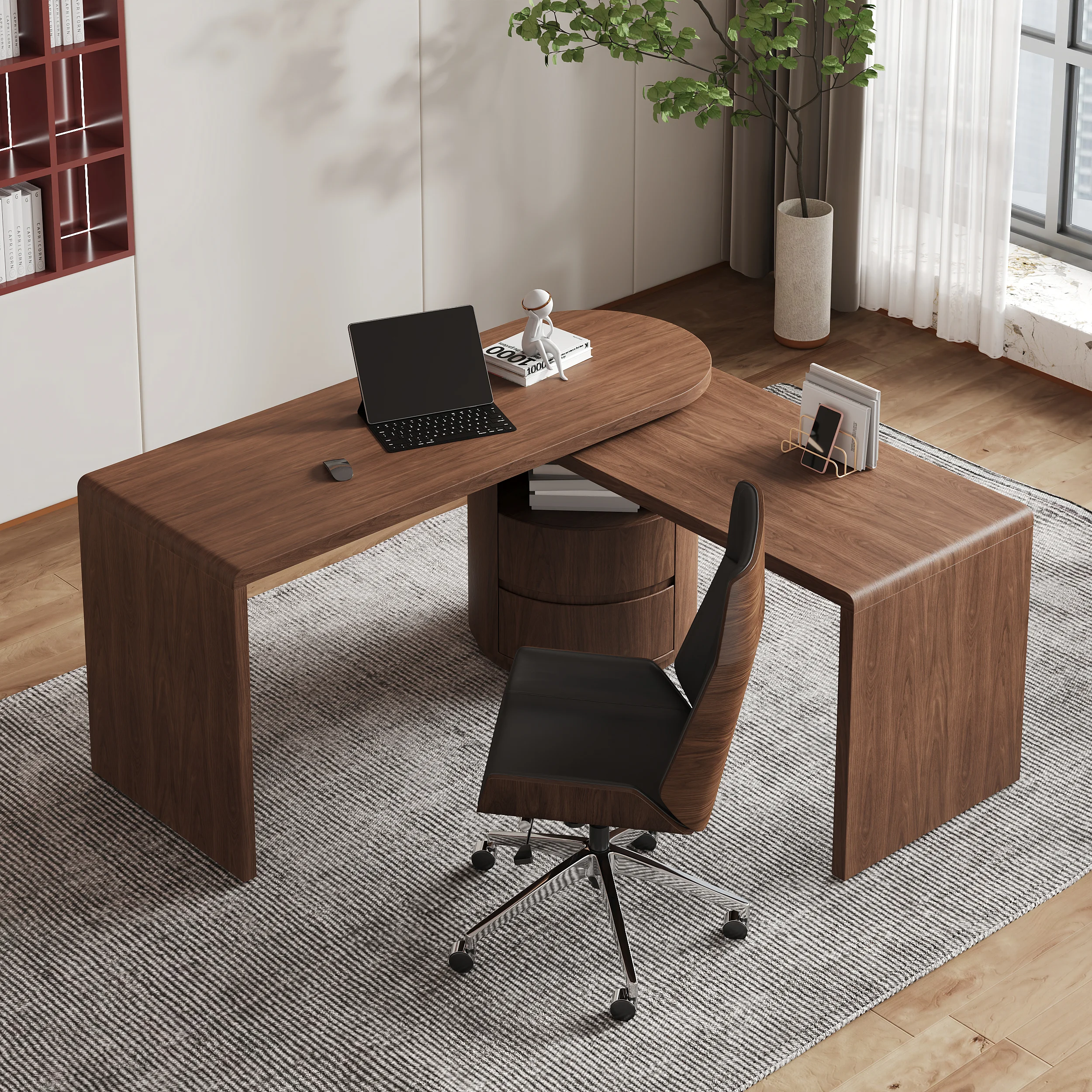 Form meets function. The L‑Shaped Walnut Desk brings modern design, smart storage, and adaptable features to your workspace