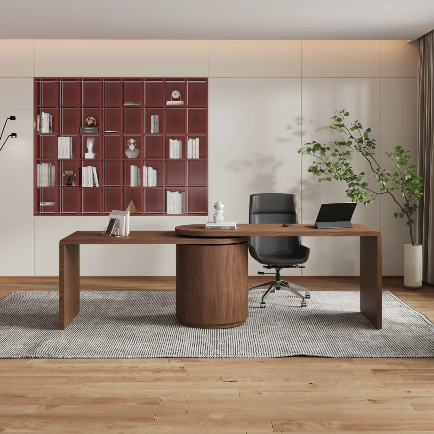 Form meets function. The L‑Shaped Walnut Desk brings modern design, smart storage, and adaptable features to your workspace