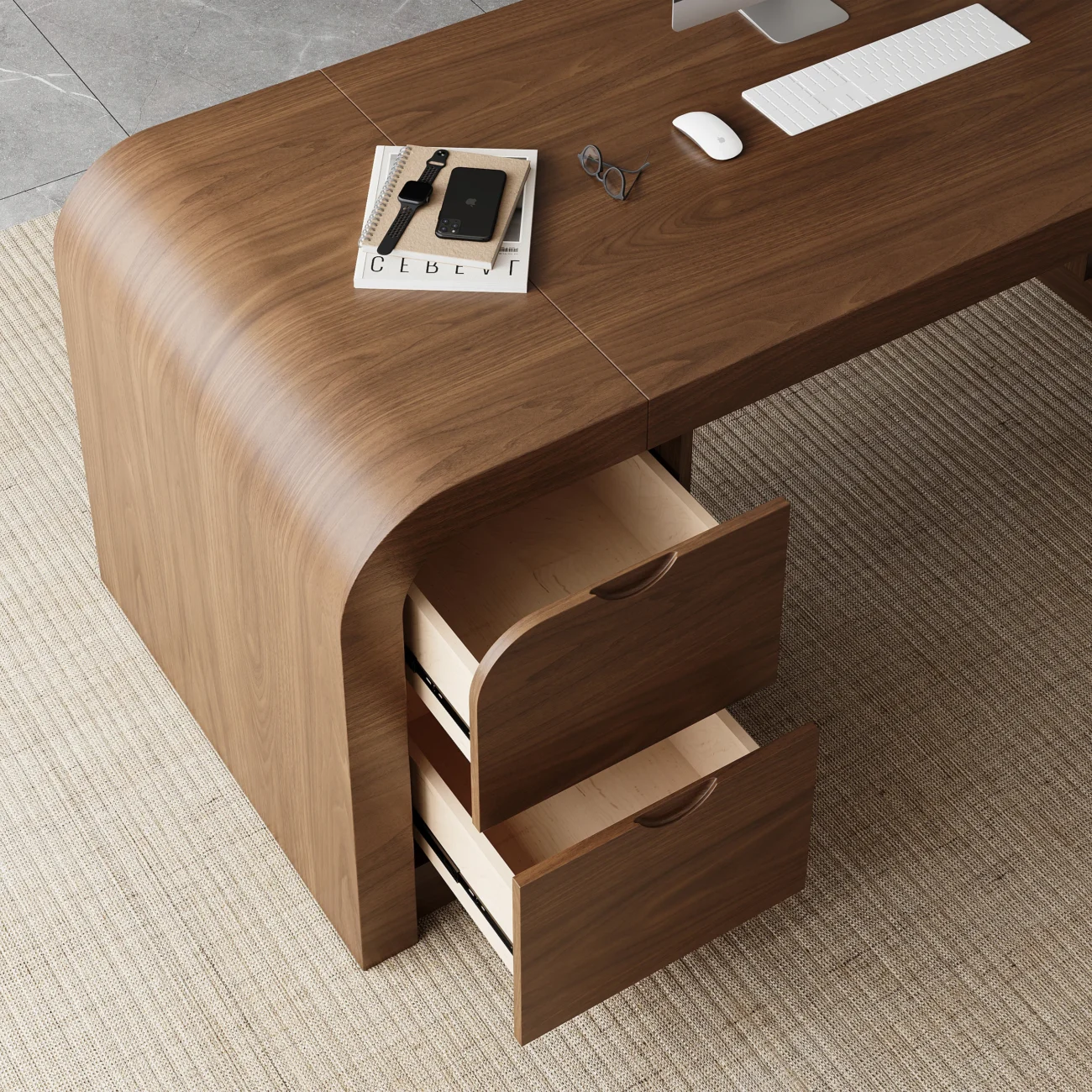 Work smarter, not harder. The Chicent Walnut Executive Desk brings modern design, ample storage, and seamless functionality to your office