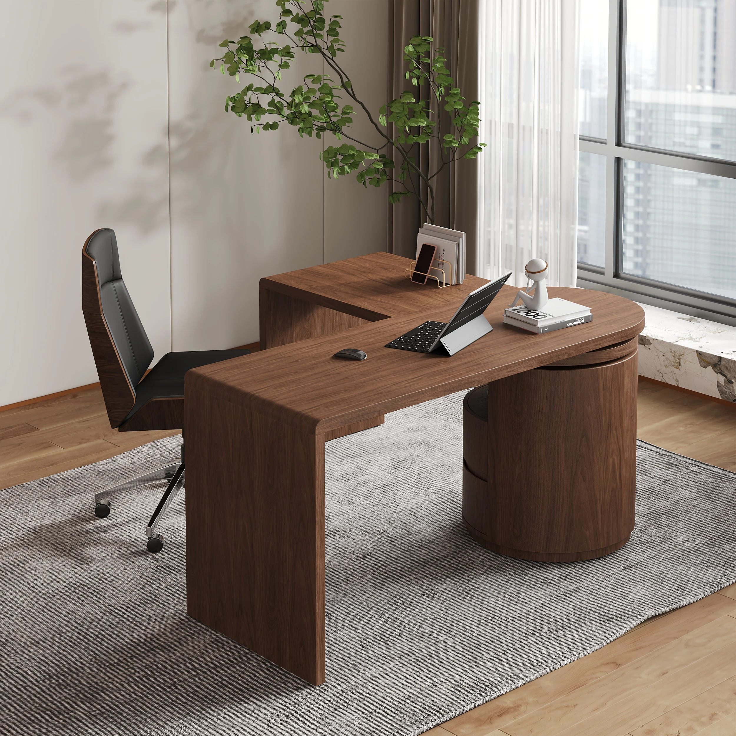 Form meets function. The L‑Shaped Walnut Desk brings modern design, smart storage, and adaptable features to your workspace