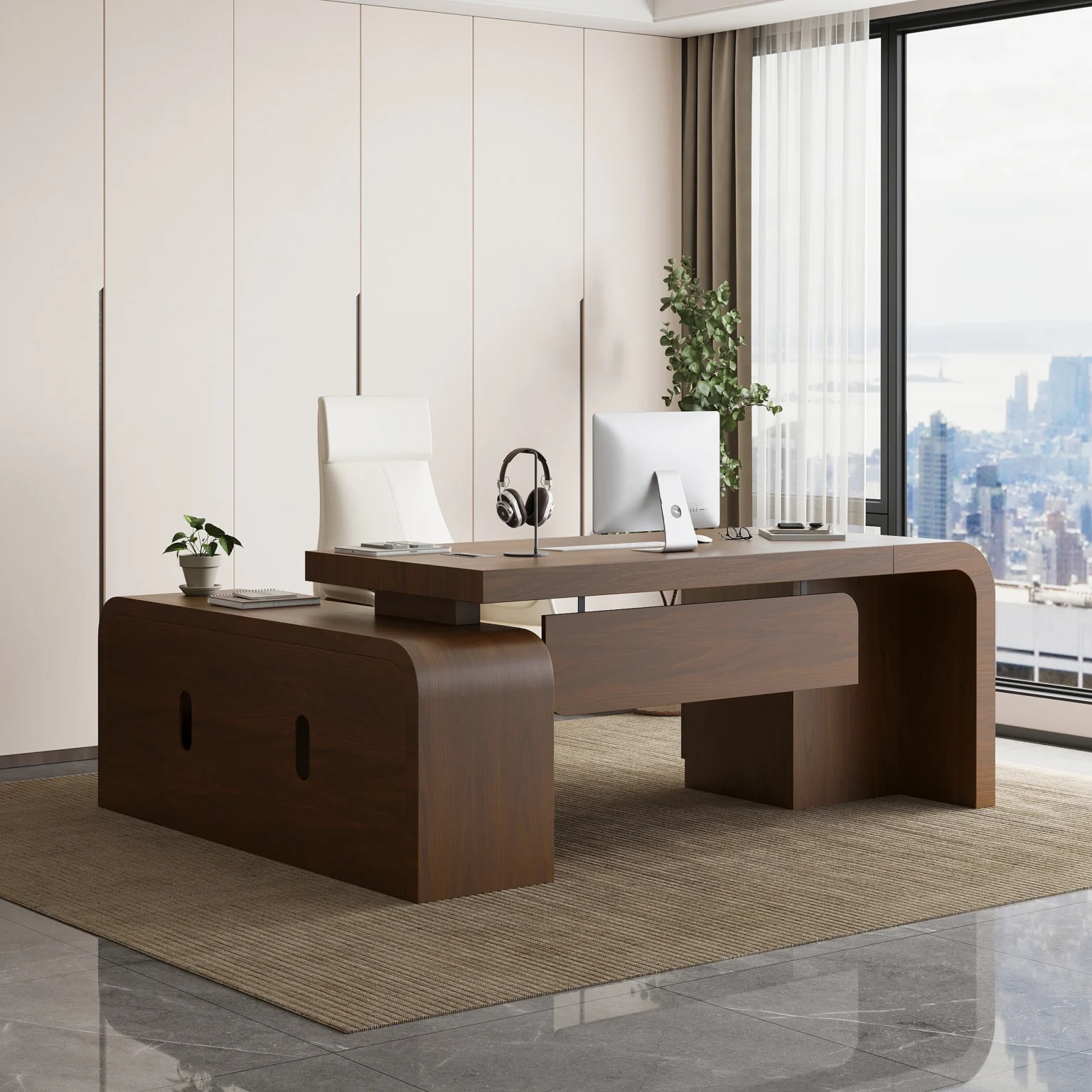 Work smarter, not harder. The Chicent Walnut Executive Desk brings modern design, ample storage, and seamless functionality to your office