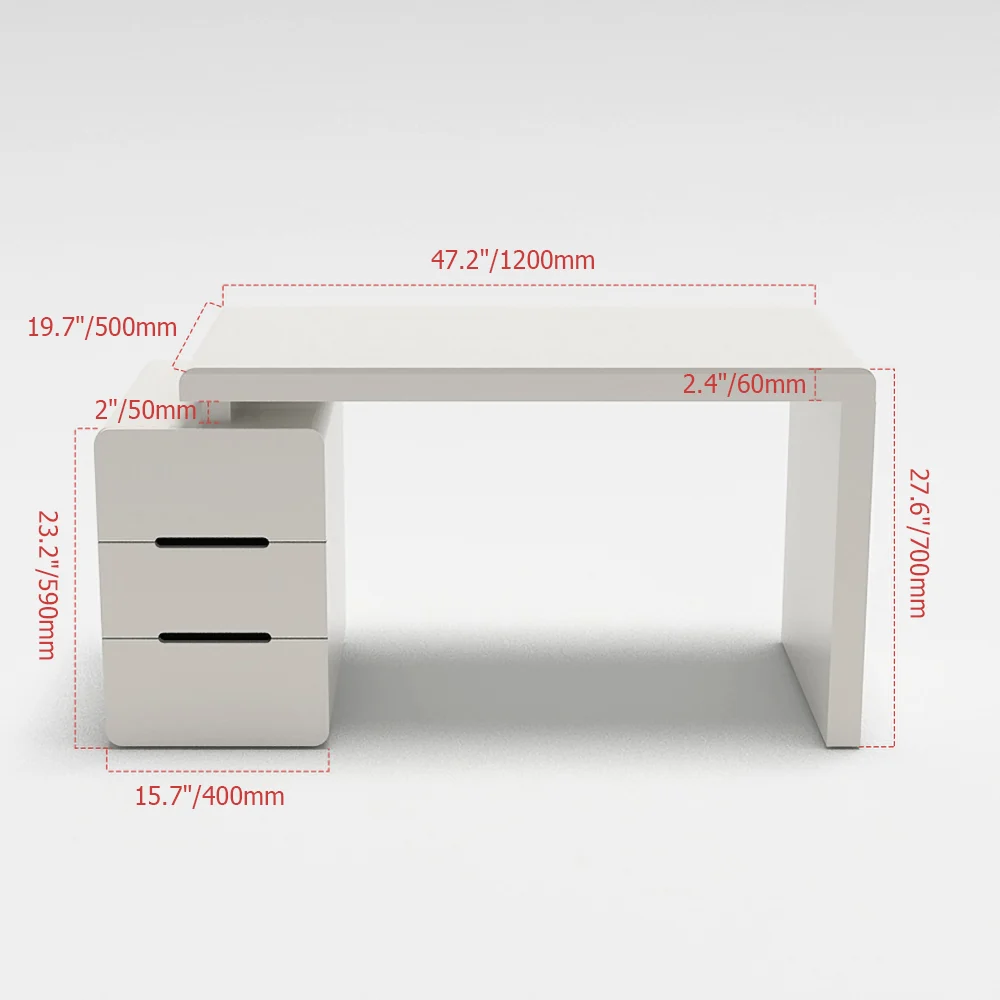 Modern white writing desk with 3 drawers, compact 120 cm design