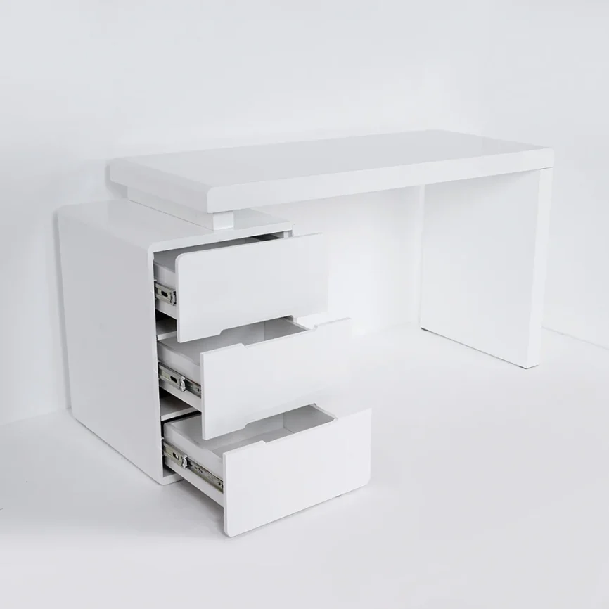 Modern white writing desk with 3 drawers, compact 120 cm design