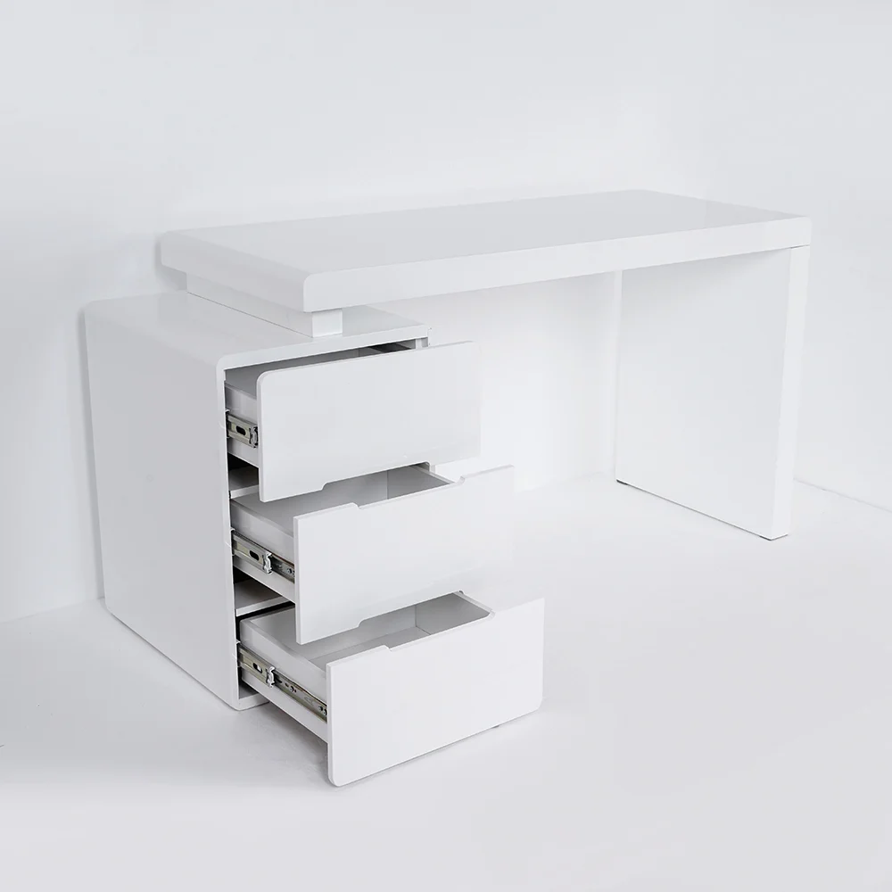 Modern white writing desk with 3 drawers, compact 120 cm design
