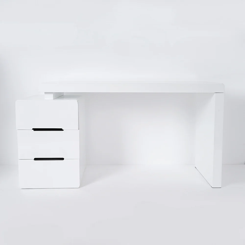 Modern white writing desk with 3 drawers, compact 120 cm design
