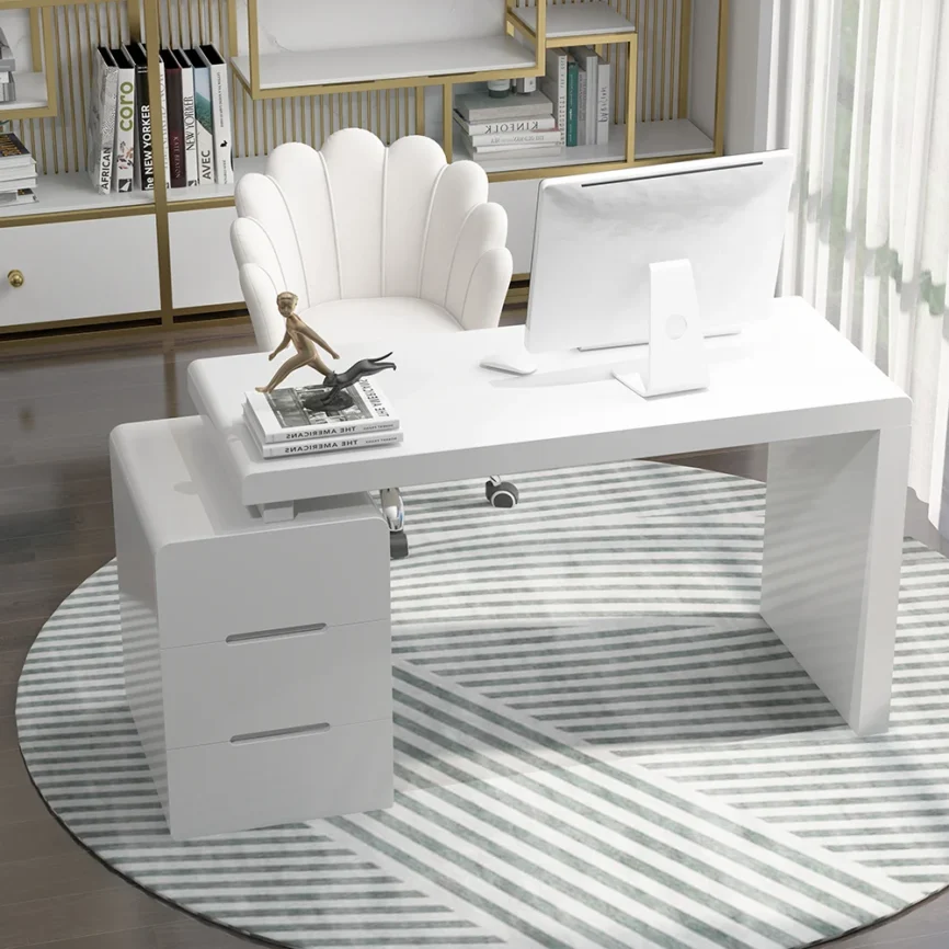 Modern white writing desk with 3 drawers, compact 120 cm design