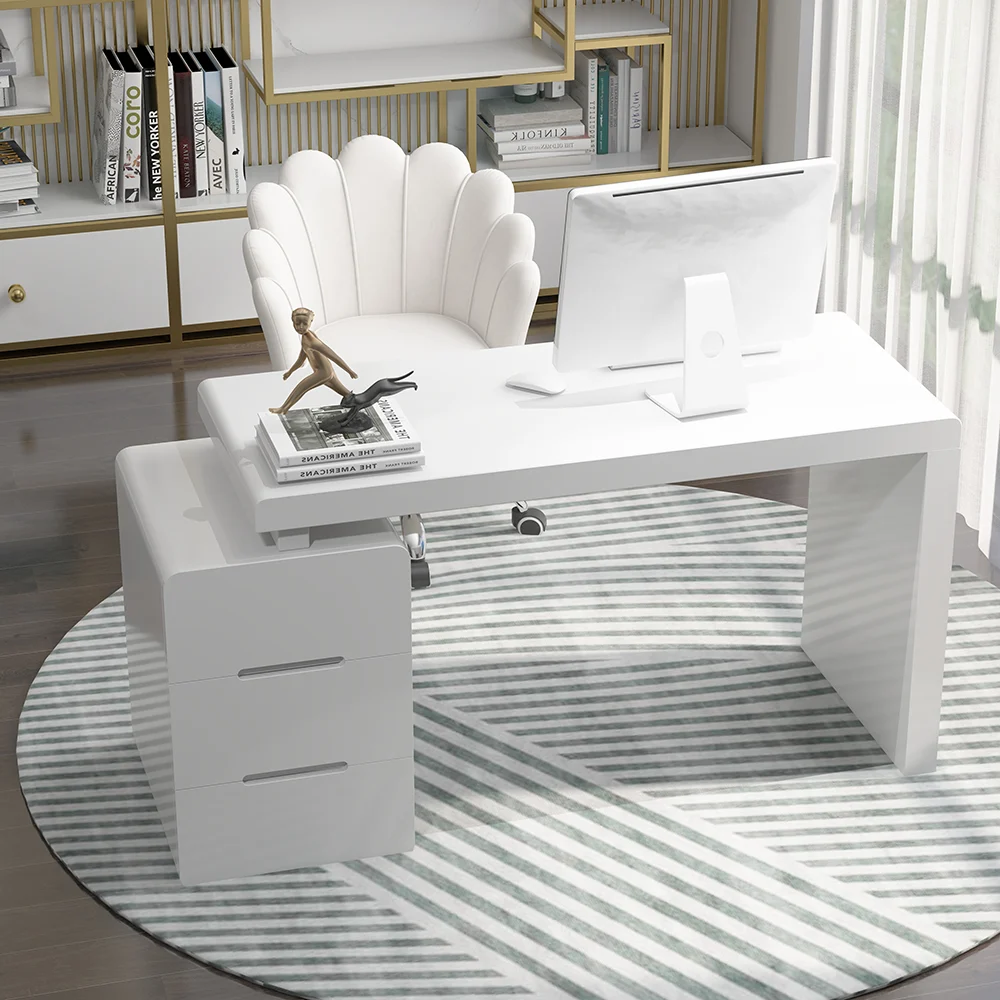 Modern white writing desk with 3 drawers, compact 120 cm design