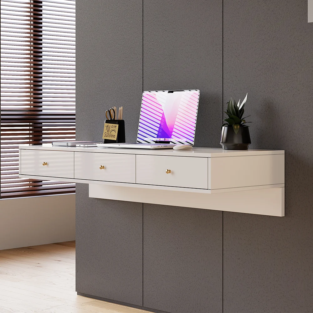 NOVA floating desk in white finish, 100 cm wide, wall-mounted with three drawers, pine wood frame, and minimalist rectangular design