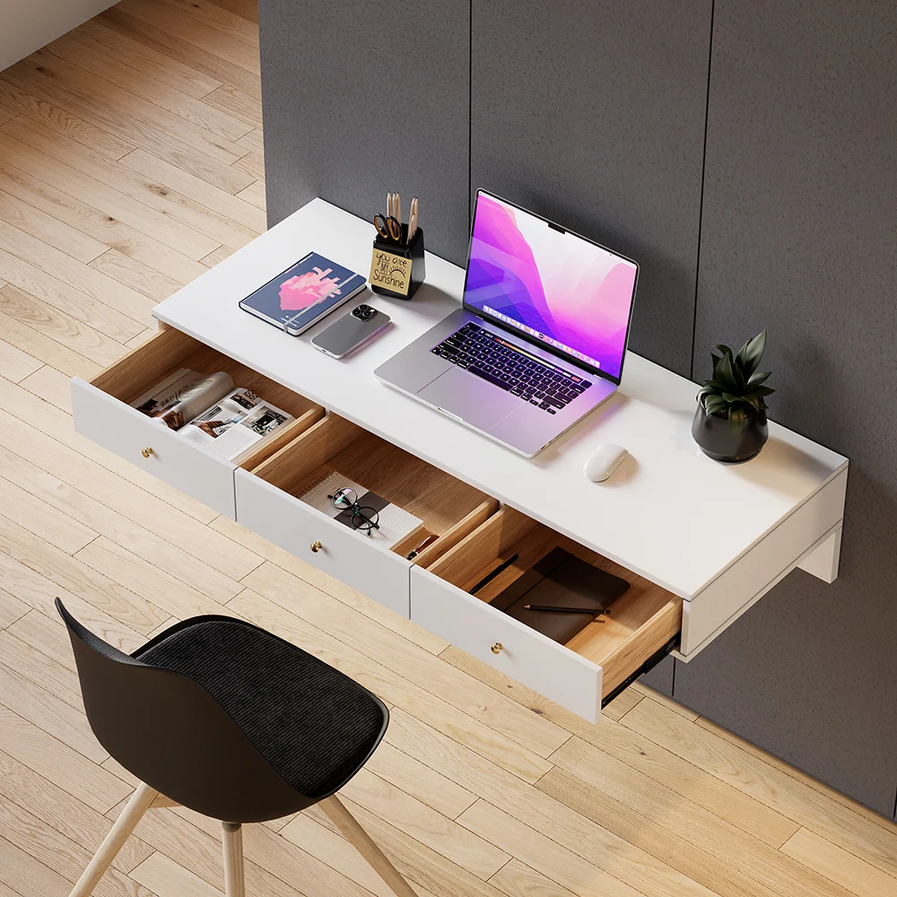 NOVA floating desk in white finish, 100 cm wide, wall-mounted with three drawers, pine wood frame, and minimalist rectangular design
