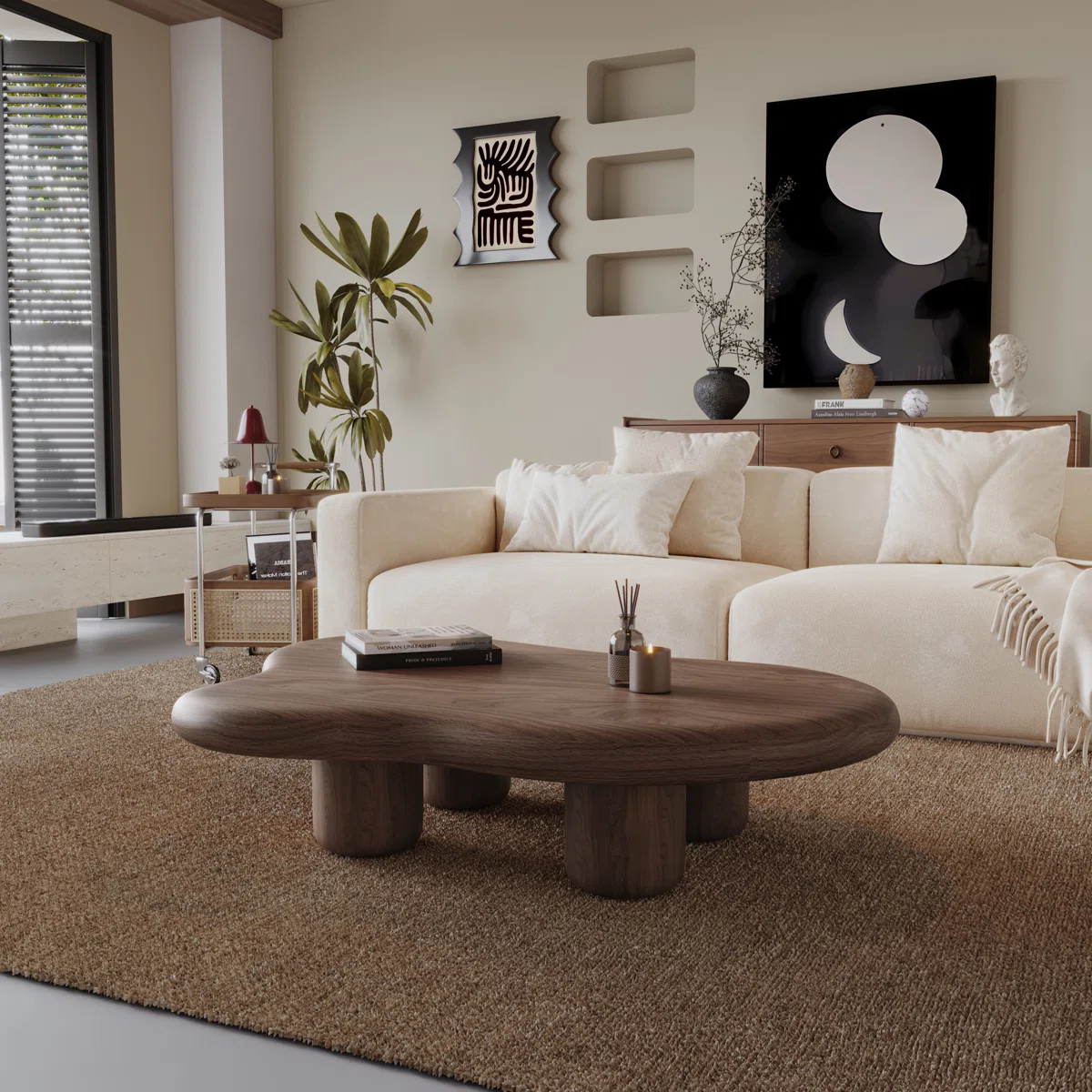 Cloud-shaped walnut veneer coffee table with four sturdy legs and spacious surface