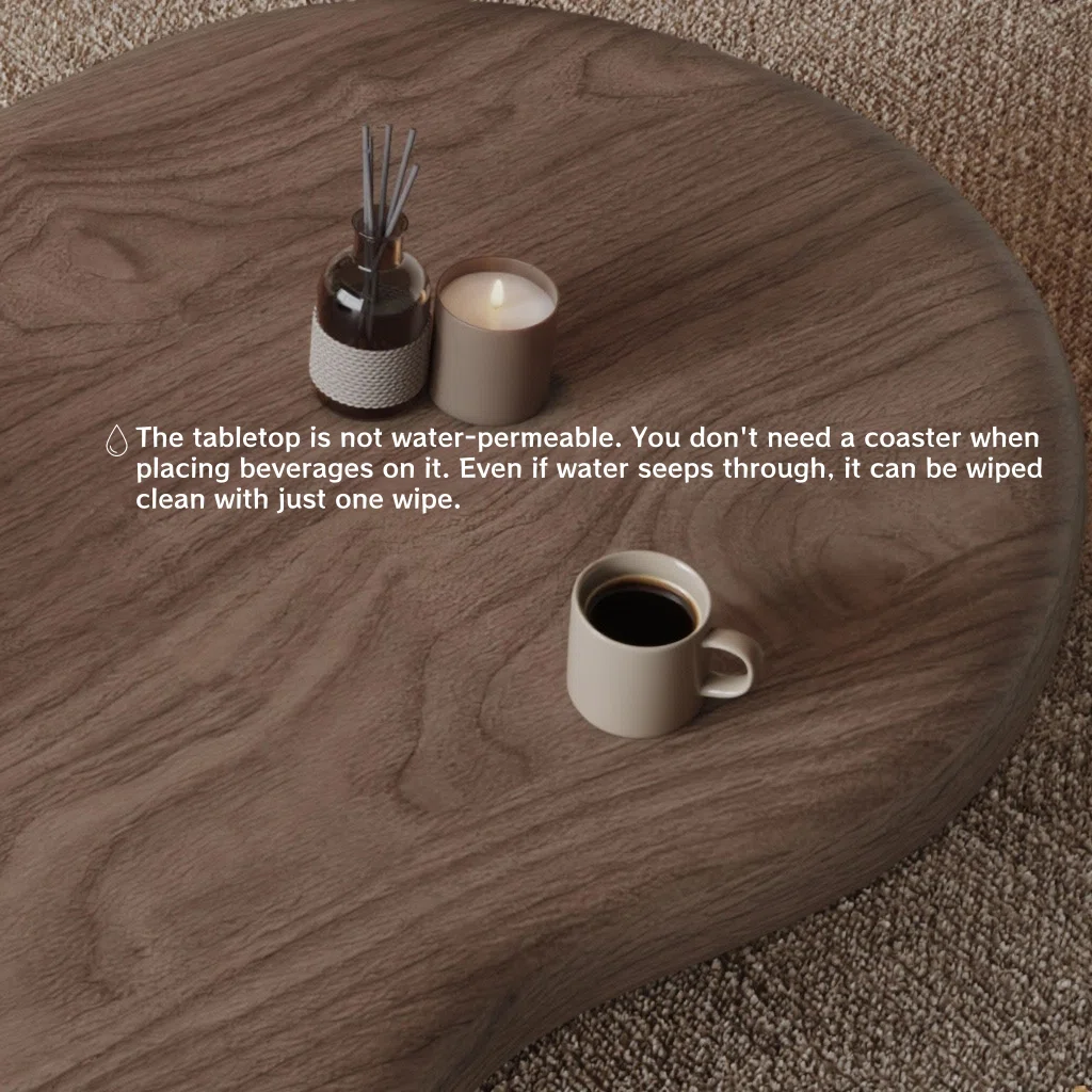 Cloud-shaped walnut veneer coffee table with four sturdy legs and spacious surface
