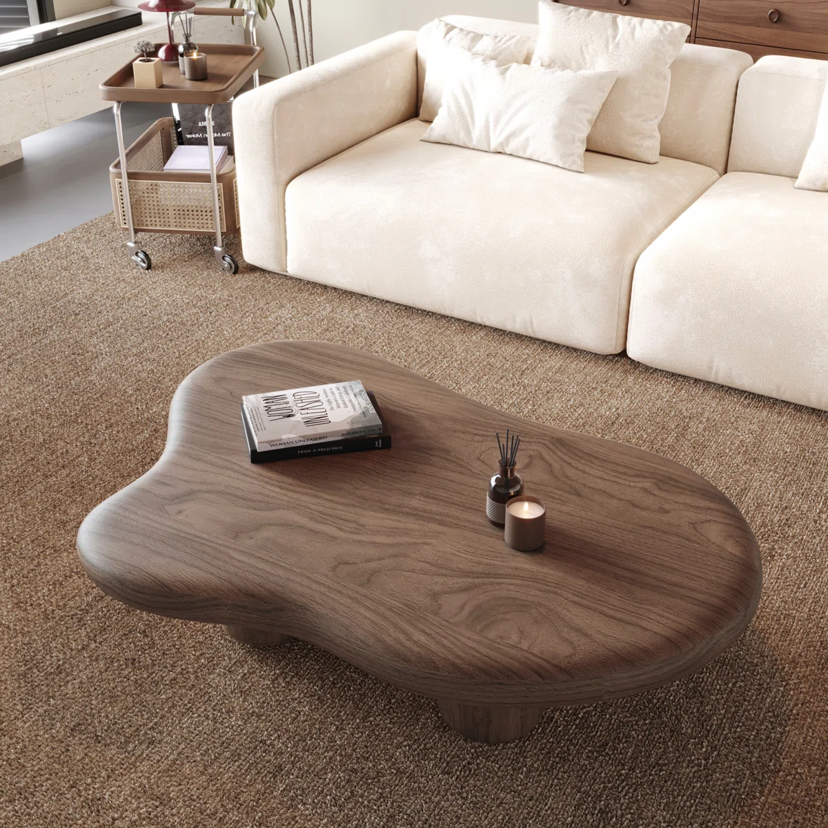 Cloud-shaped walnut veneer coffee table with four sturdy legs and spacious surface