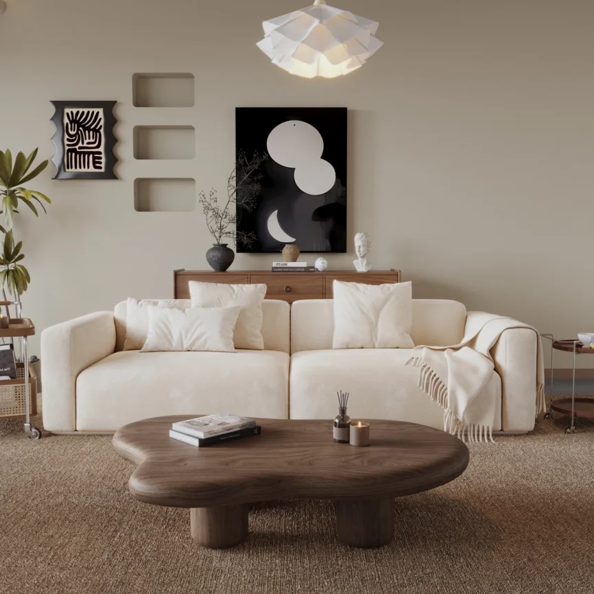 Cloud-shaped walnut veneer coffee table with four sturdy legs and spacious surface