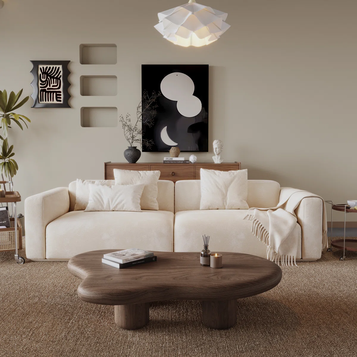 Cloud-shaped walnut veneer coffee table with four sturdy legs and spacious surface
