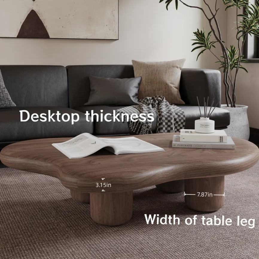 Cloud-shaped walnut veneer coffee table with four sturdy legs and spacious surface