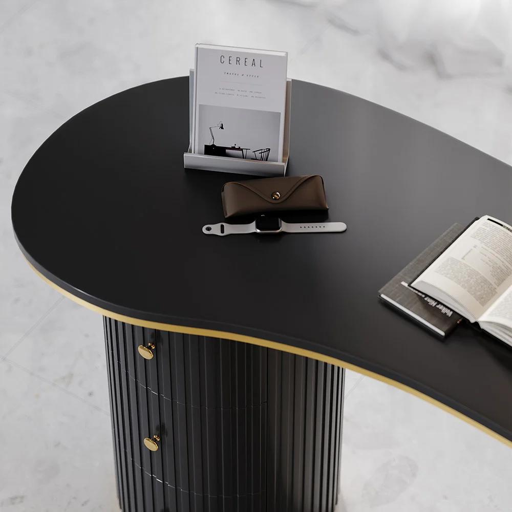 Noir Curva modern black curved desk with three drawers and double pedestal base, 140 cm wide, crafted from engineered wood for durability and sleek style